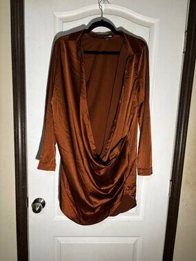 Fashion Nova Rust Brown Satin Plunge Shirt Dress Size L